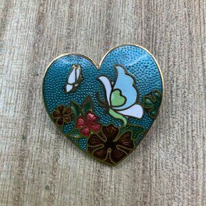 Cloisonne Vintage Enamel Blue Flower Butterfly Heart Shaped Brooch Pin